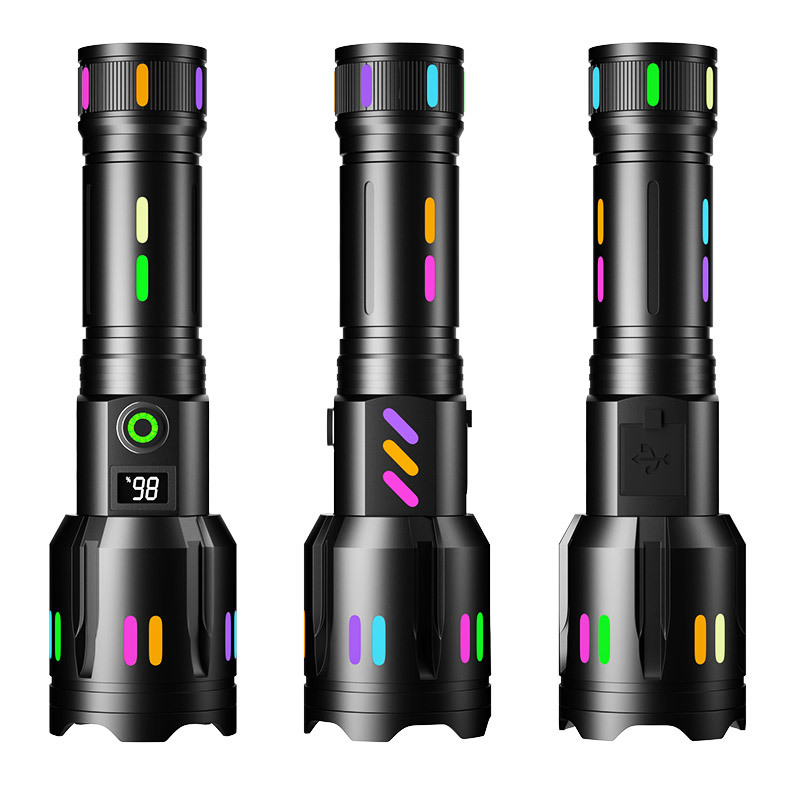 Cross-border outdoor high-intensity long-range flashlight charging digital electronic display fluorescent strip tail hammer zoom white laser flashlight Item Picture