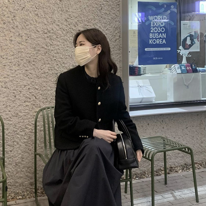 现货 dun*t韩国东大门小香风金扣圆领西装外套高端毛呢女批发秋冬