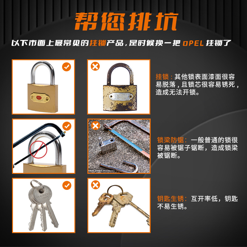Copper-like padlocks, iron locks, single opening, multiple models of student dormitory storage cabinets, padlocks, drawers, factory door locks, lock heads Specification image
