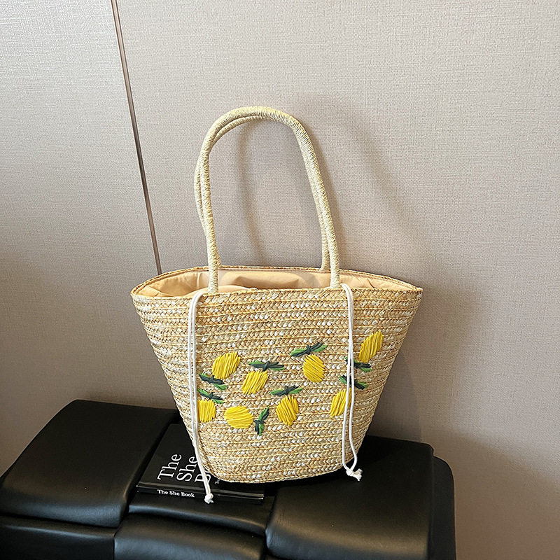 2025 New straw woven bag for women, versatile shoulder bag, high-end commuting tote bag, lemon embroidery woven bag