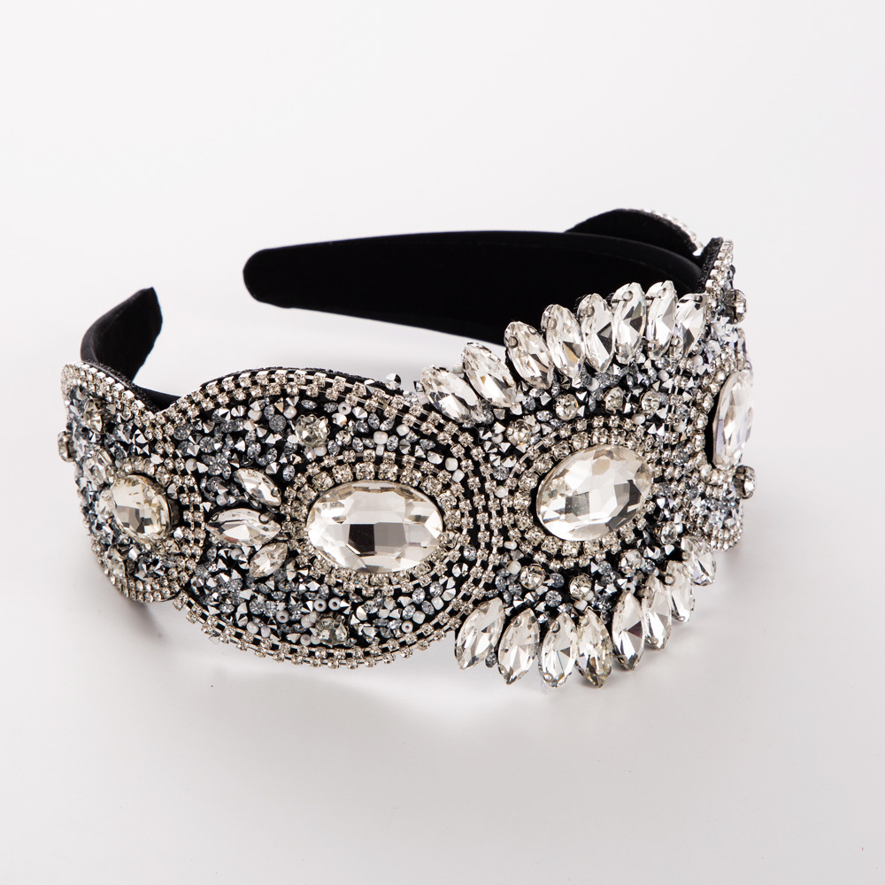 Headband French Retro Light Luxury Heavy Work Headband Senior Sense Rhine-Diamond Wide Head Hoop Dance Elegant Hair Accessories Wholesale Foreign Trade Specification drawing