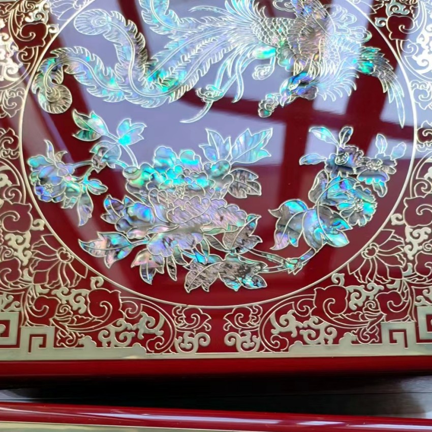 Shell And Mother-Of-Pearl Inlaid Drawer Jewelry Box, Copper Wire Filigree Chinese Lacquerware Jewelry Box, Dragon And Phoenix Auspicious Festive Gold Gift Box Specification drawing