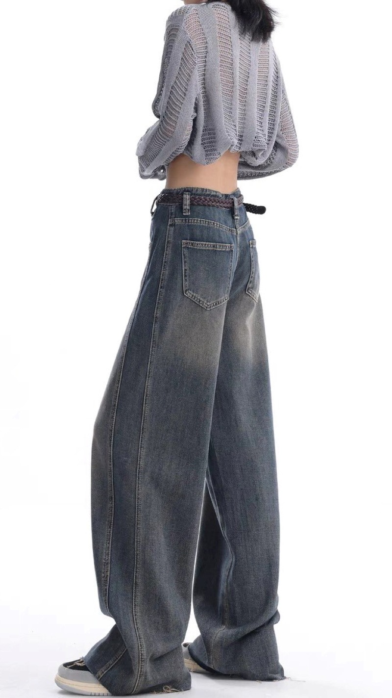 American high street retro distressed wide-leg jeans for women's autumn 2023 new mid-high-waisted, fashionable and slimming floor-length pants Application Scenario