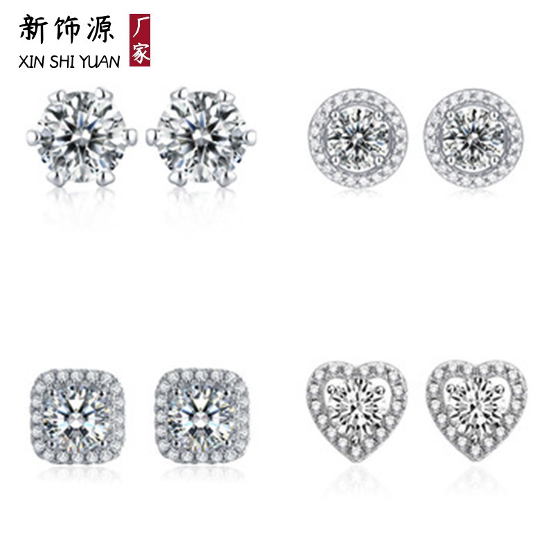 直播仿真莫桑钻耳钉女ins爱心S925纯银针锆石六爪莫桑石耳环耳饰图