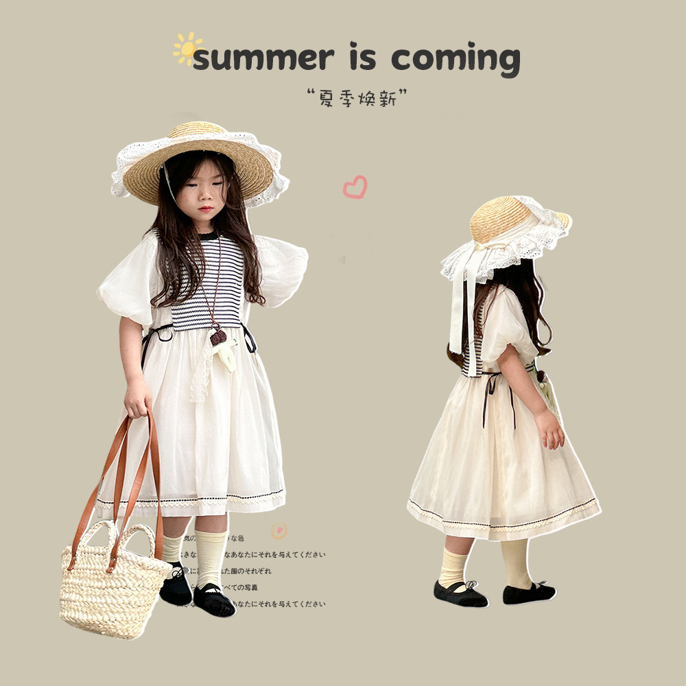 韩版儿童洋气短袖连衣2024夏装时尚拼色公主裙女童宽松休闲长裙子