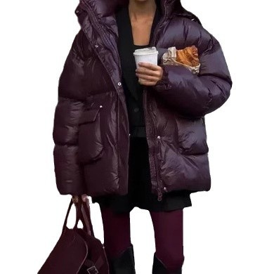 In the winter of 2024, a deep red zippered cotton-padded jacket with a stand-up collar and a warm working style for cross-border trade between Europe and America Item Picture