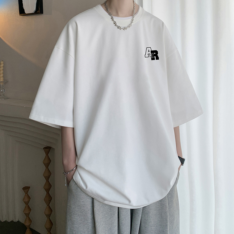 Hong Kong style 230g heavy-duty short-sleeved T-shirt for men, large half-sleeved and half-cut sleeves, versatile for men, loose printed ins round neck