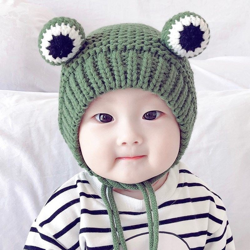 青蛙针织毛线帽婴幼儿秋冬趣味可爱头饰冬季头套儿童帽外出护耳罩