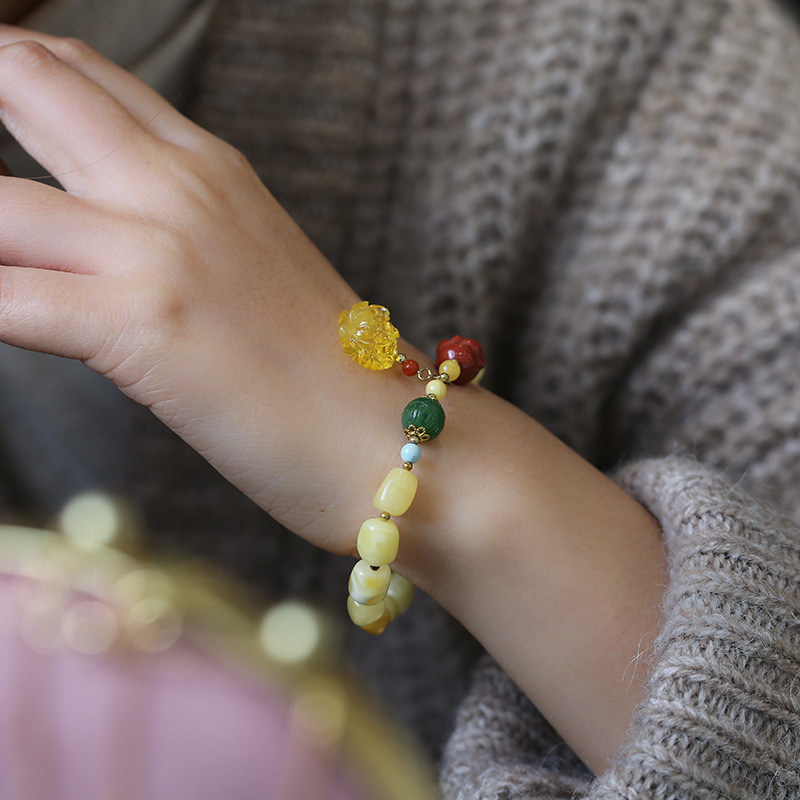 Natural beeswax figurine bracelet, hanging beeswax rose, Nan Hong Laughing Buddha, jade and turquoise retro jewelry for women details Picture