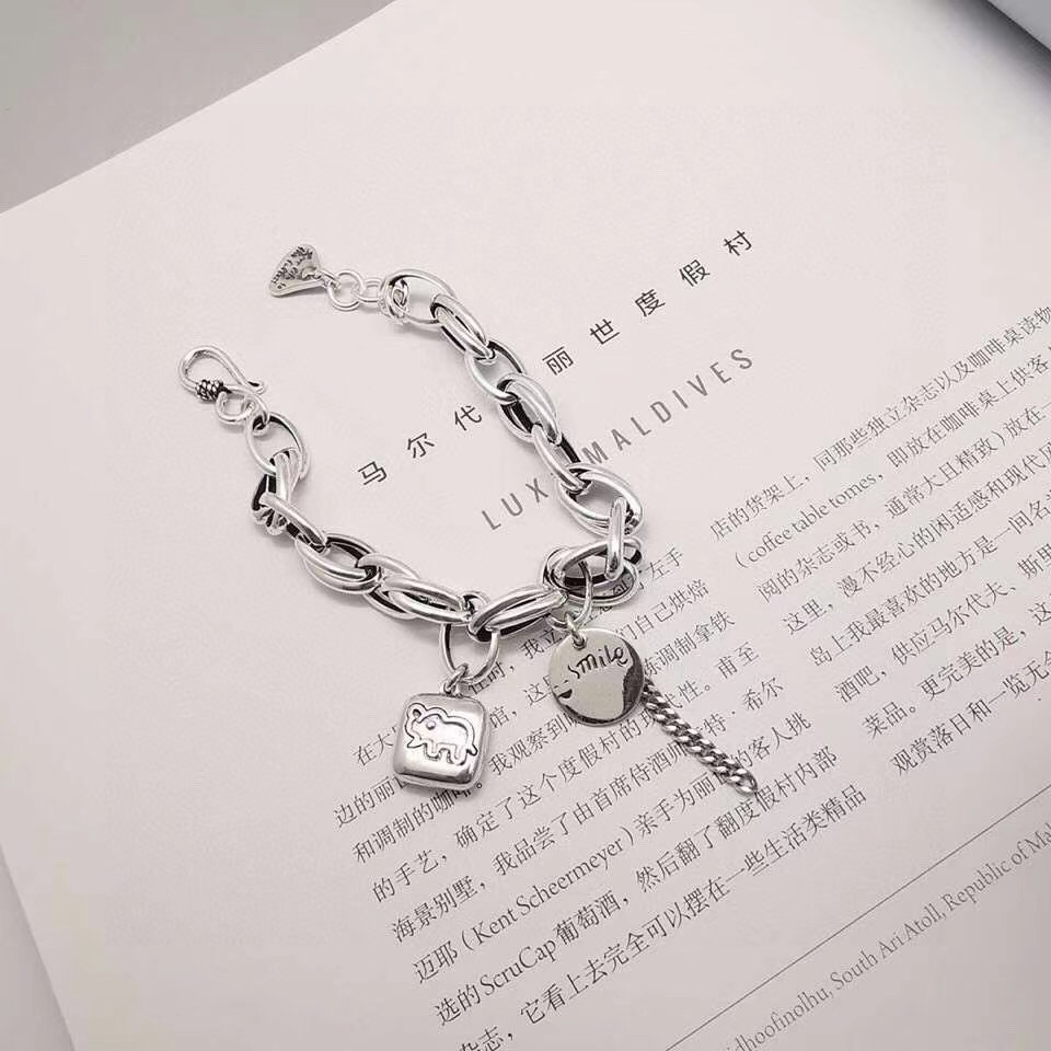 S925银泰银复古笑脸大象手链吉祥如意手链冷淡风潮流个性嘻哈手饰
