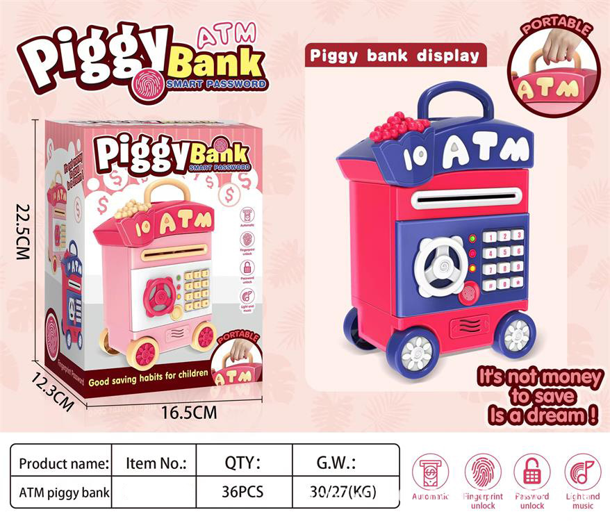 Pink/Purple 2-color automatic money-rolling piggy bank, fingerprint-sensing password, children's ATM piggy bank toy details Picture