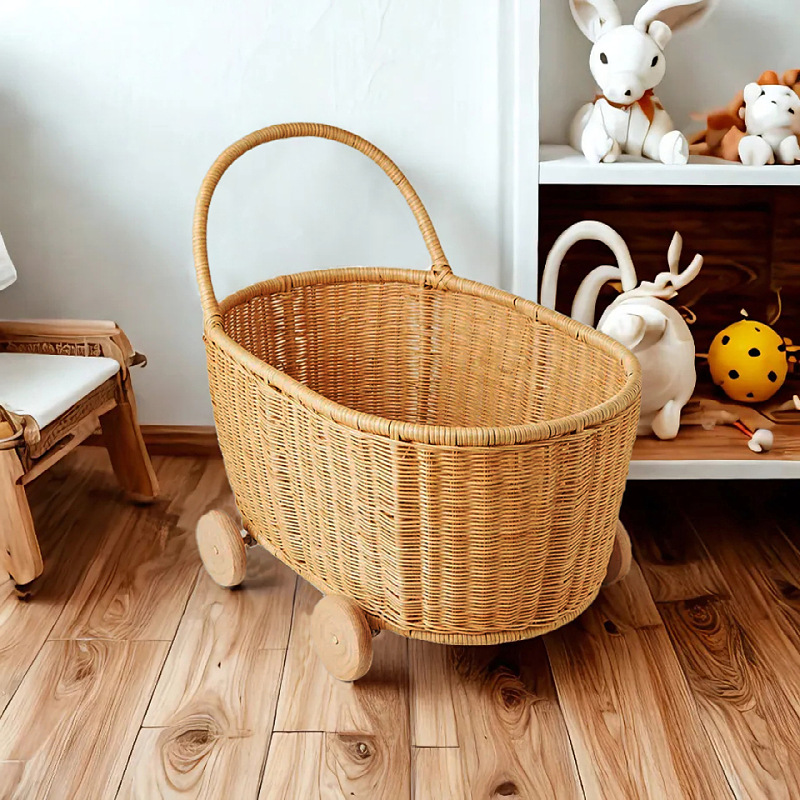 Rattan toy storage basket for children aged 3-6, playing house, rattan trolley, hand-woven storage basket Specification image