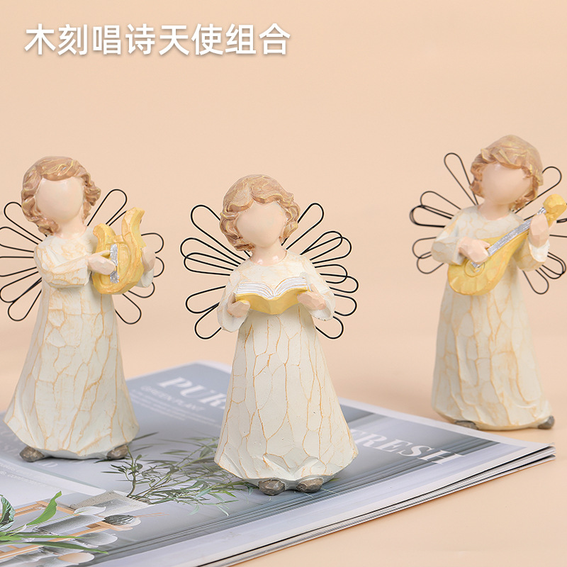 跨境欧美木刻小天使摆件 圣诞树脂工艺品装饰 家居室内铁翅膀人物