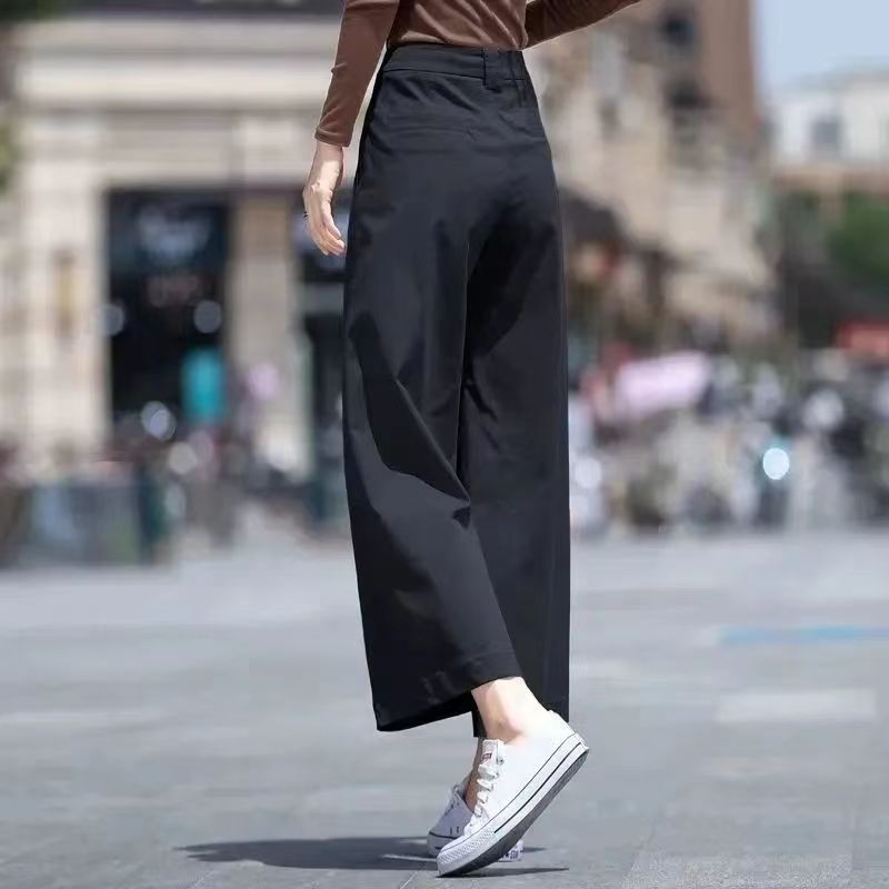 2024 New summer pure cotton petite casual pants, women's 9-inch pants, mid-waist wide-leg pants, versatile style