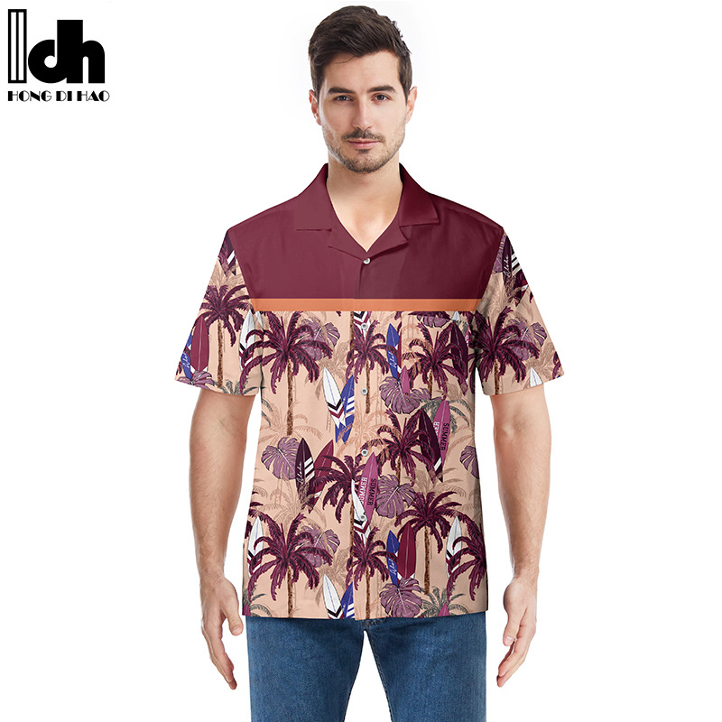 跨境男士夏威夷衬衫欧美3D印花外贸沙滩衬衣开衫短T恤可指定图案图