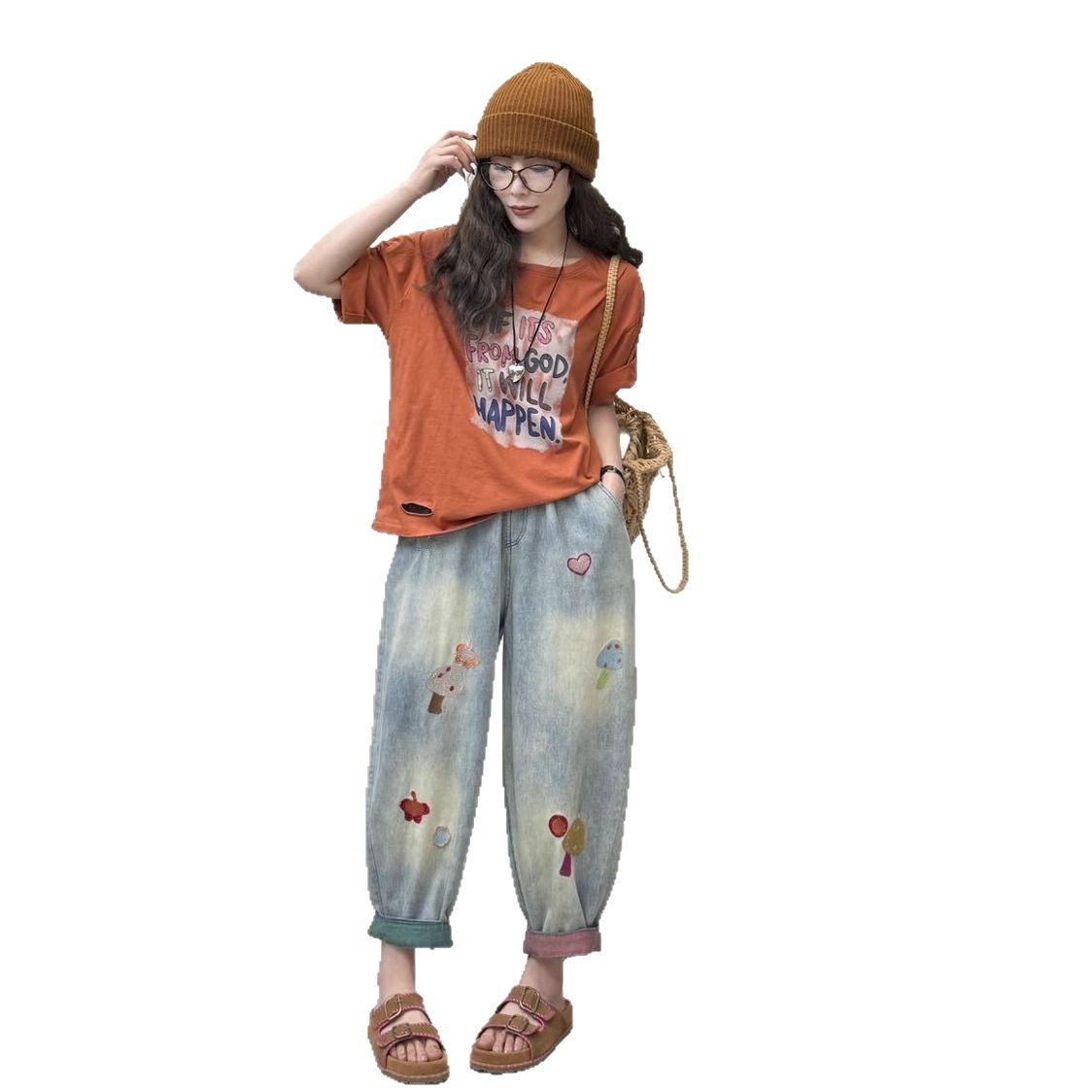 Jeans for children, summer style, Japanese and Korean fashion, patchwork, niche personality, loose wide-leg Harem pants 85366 Application Scenario