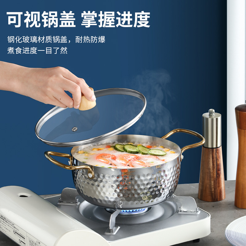 Manufacturer's hammer-patterned ramen pot, Korean double-ear instant noodle pot, household soup pot, instant noodle cooking pot, stainless steel creative pot Specification image