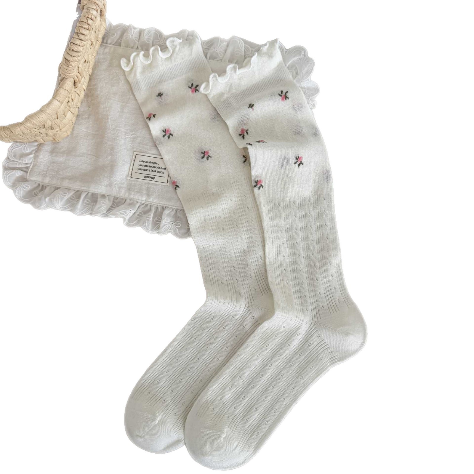 Sock stall, one-piece consignment for spring and summer calf socks, women's thin perforated mesh small floral long socks, Korean simple style lace boneless socks, cotton one-piece consignment Item Picture