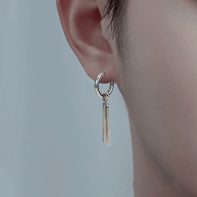 Rectangular stick double stick earrings, men's titanium steel long stick ear clips, women's niche, simple and high-end accessory details Picture