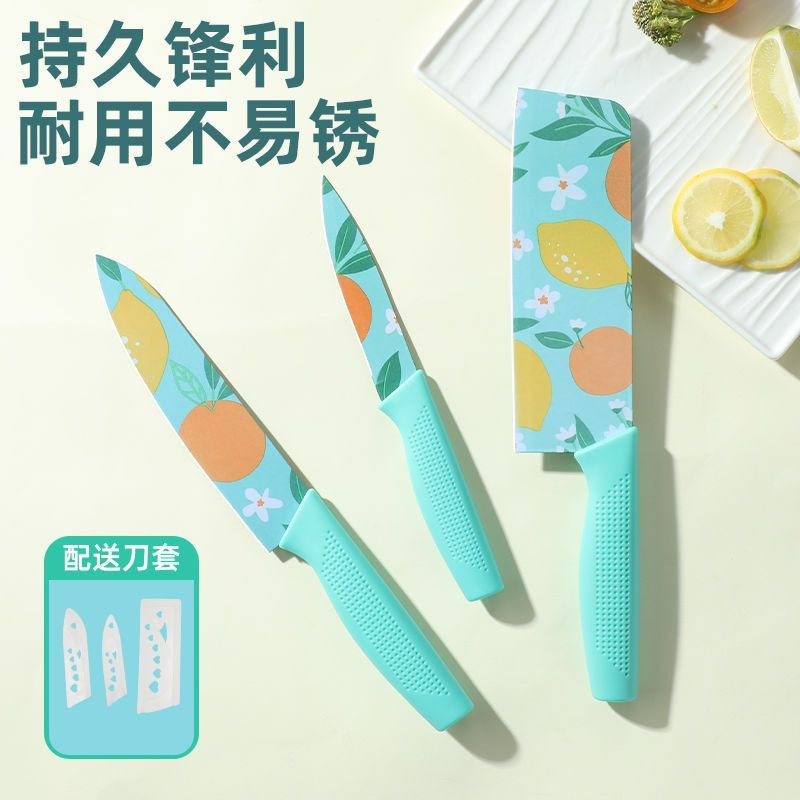 Printed orange stainless steel knife with blue handle, thickened and sharp kitchen tools for cutting vegetables and slicing, gift set details Picture