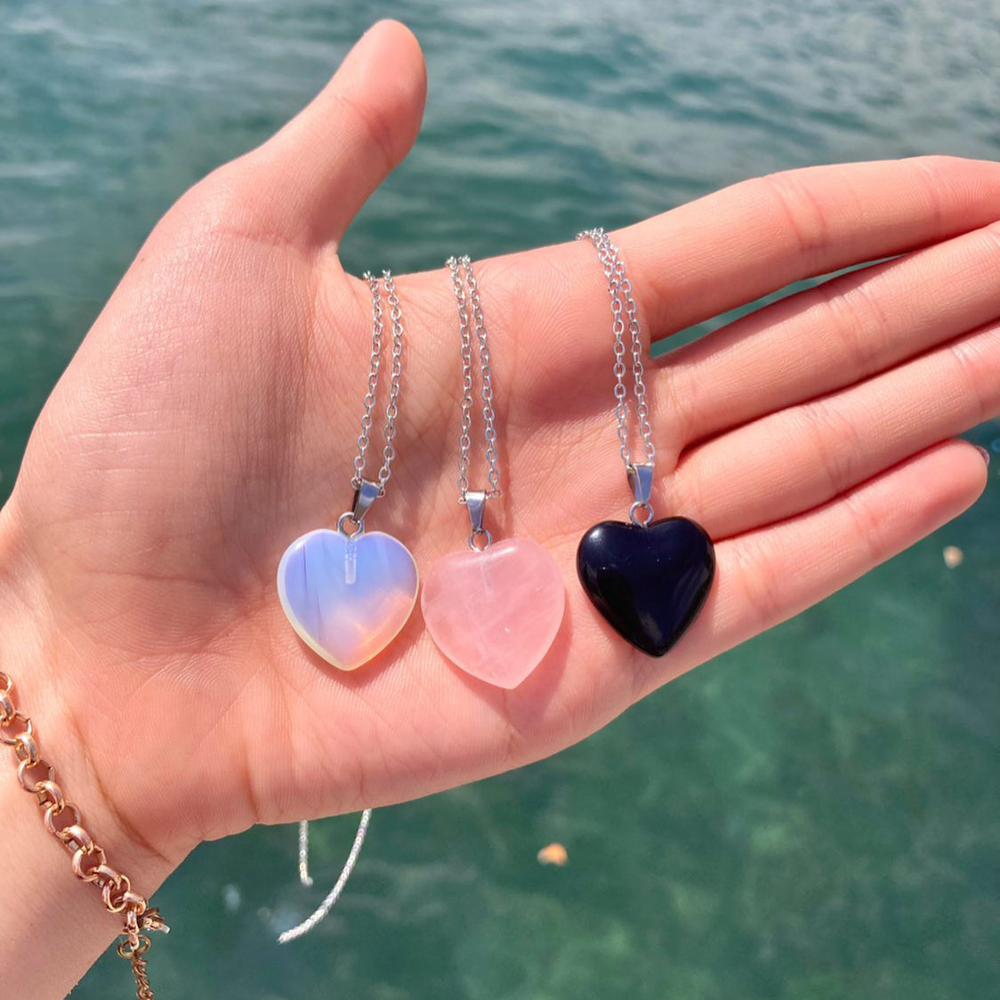 Ins Wind Glow-In-The-Dark Pendant Heart Bohemian Natural Stone Necklace European And American Style Retro Titanium Steel Chain Collar Female