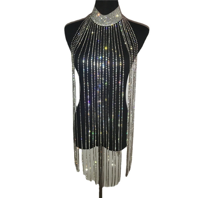 Amazon's best-selling European and American sexy nightclub water diamond tassel necklace, body chain, halter cape dress, tassel dress Item Picture