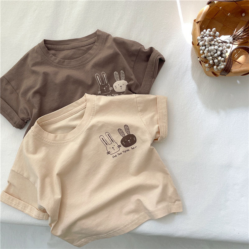 Summer children's clothing: Children's short-sleeved T-shirts, pure cotton round-neck tops for boys and girls, Korean style cute rabbit half-sleeved summer clothing