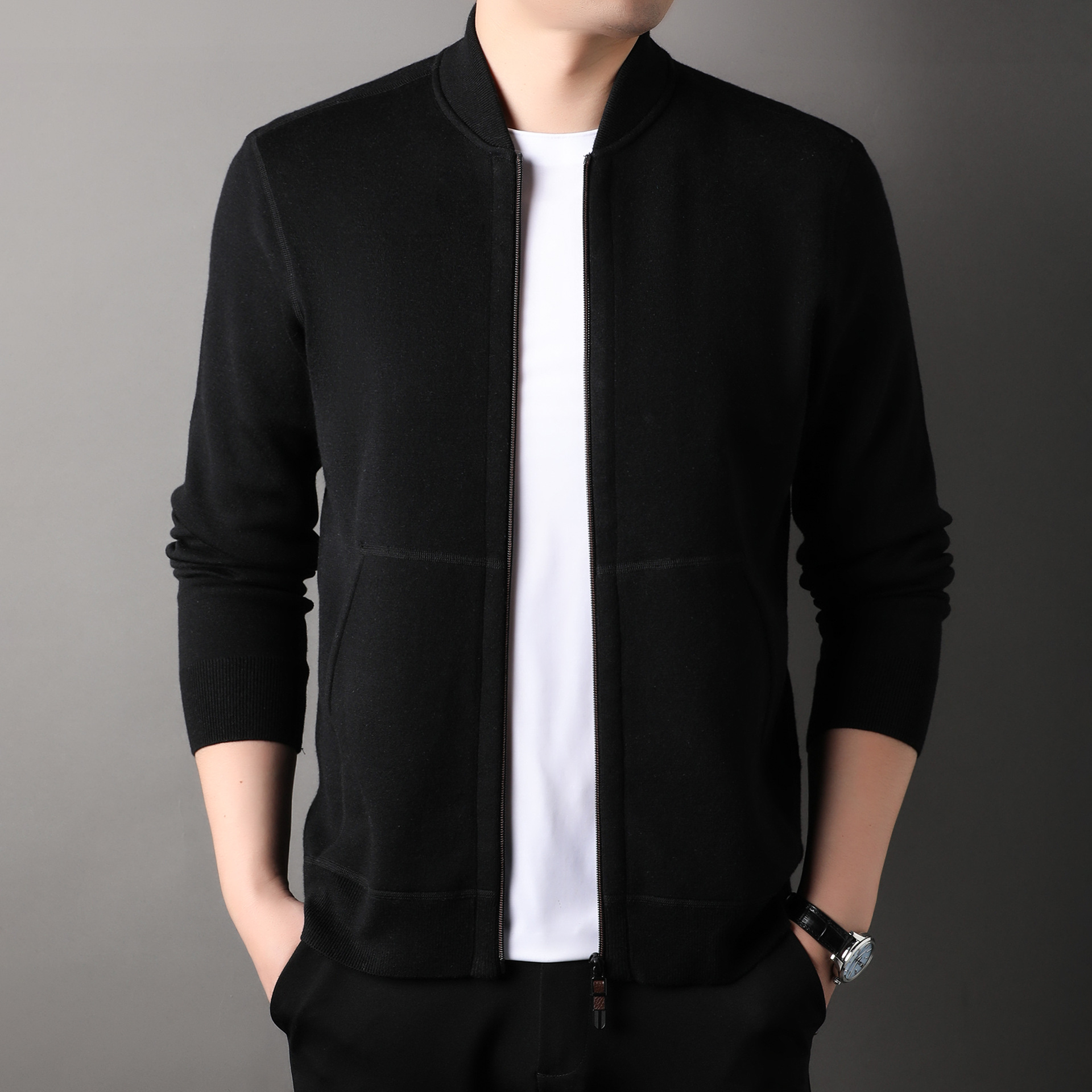 Baseball collar men's knitted cardigan, new autumn and winter fashion and casual for middle-aged and young people, zipper sweater, solid color jacket
