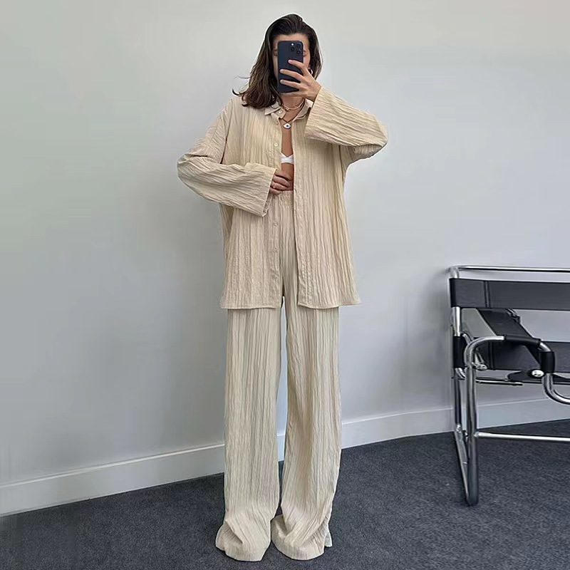 European and American women's clothing 2025 Autumn new collection: Zou Bu Casual loose lapel shirt + High-waisted wide-leg pants two-piece set Specification drawing