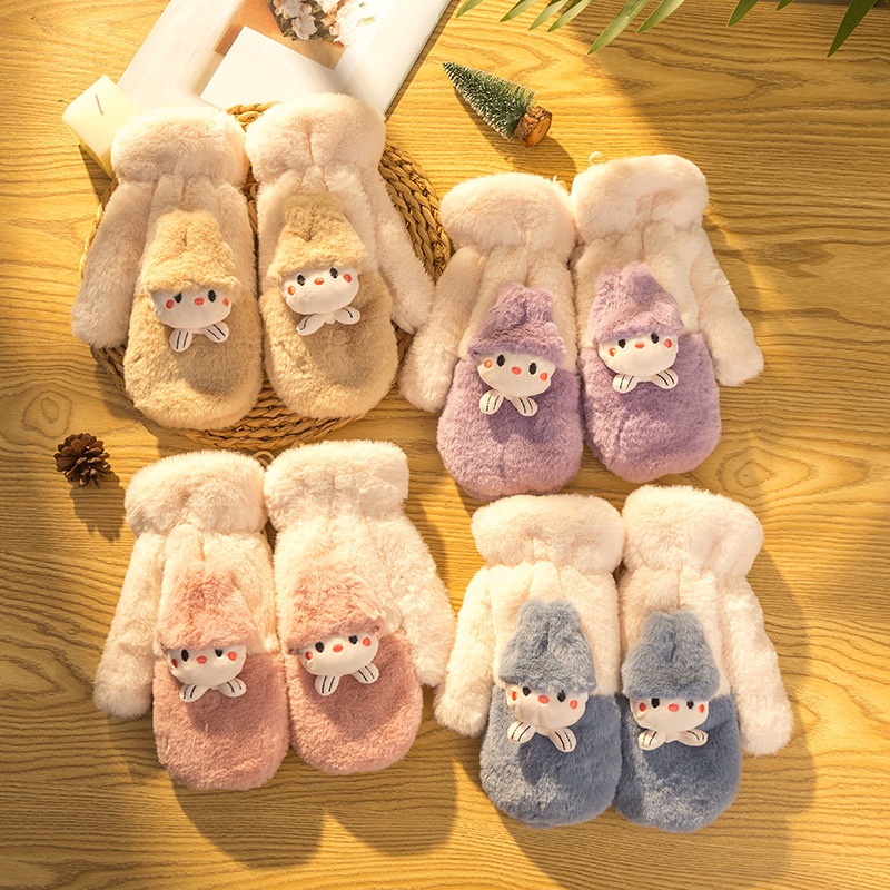 Winter cute Korean version of student cycling and driving warm, fleece and thickened windproof full-finger gloves for winter c