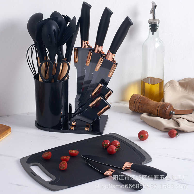 Acrylic Knife Holder Silicone Kitchenware 19-Piece Kitchen Silicone Kitchenware Knife With Storage Bucket Non-Stick Pan Set details Picture