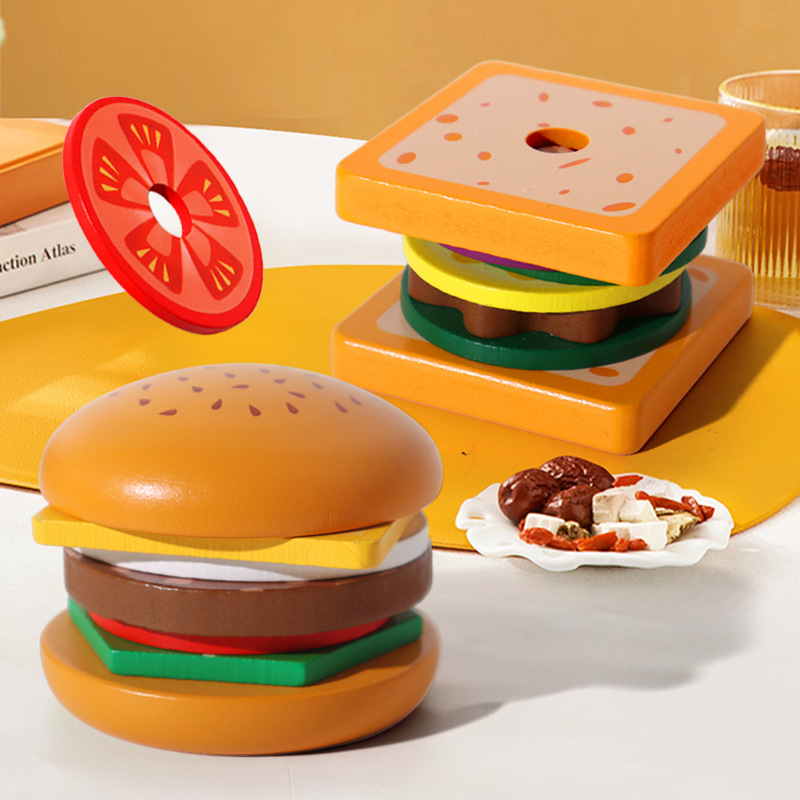 Children's wooden sandwich burger fries set post matching food cut kitchen assembly simulation play house toy full figure