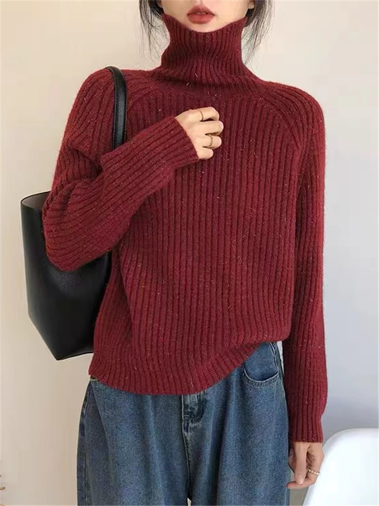 跨境高领套头毛衣女2024新款秋冬亮闪慵懒风宽松外穿厚针织打底衫详情28