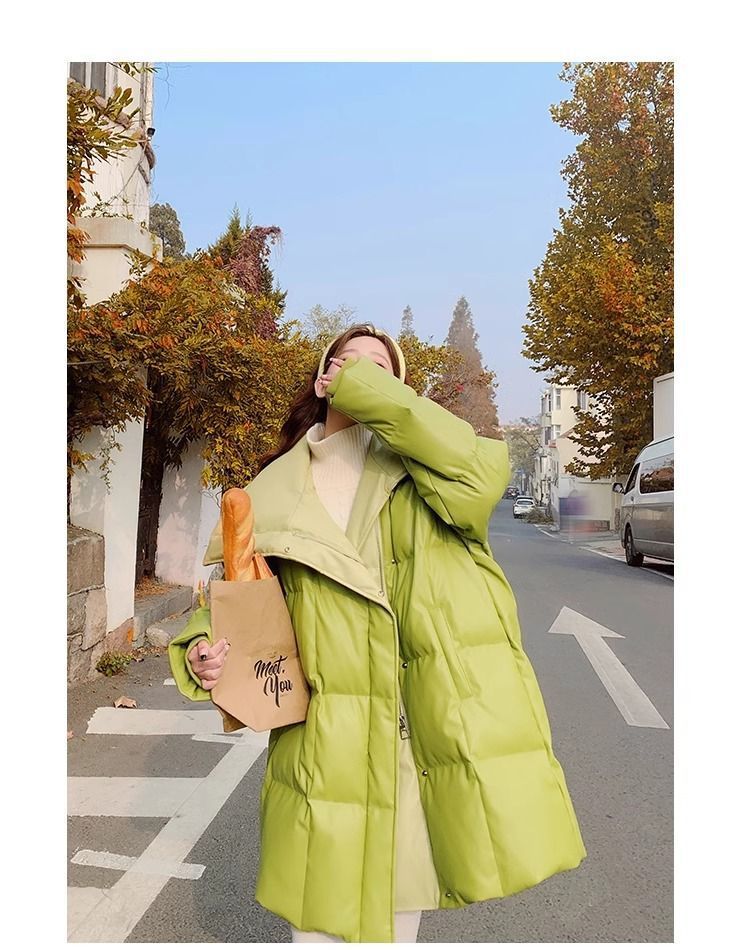 Aguacate verde pato blanco abajo PU piel abajo chaqueta para mujeres estilo mediano largo diseño de nicho sentido influencers estilo explosivo abrigo sin lavado pic 28