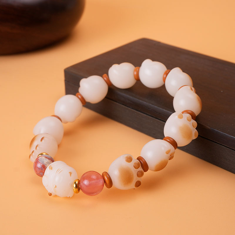 菩提根招财猫炭烧猫爪单圈手串文玩手链女手工编制绳饰品地摊文玩