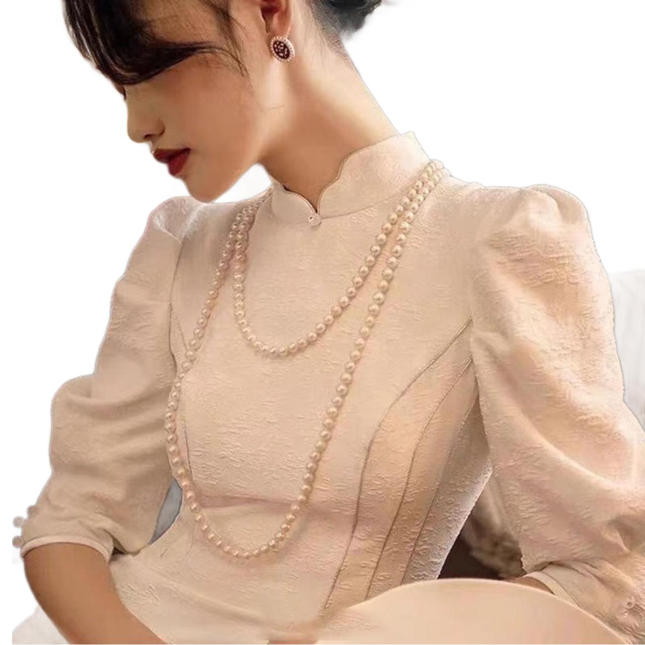 Cheongpao accesorios república buena gente vintage Señora Ejército hantraje imitación cadena de perlas collar largo suéter cadena multi-bucles Item Picture