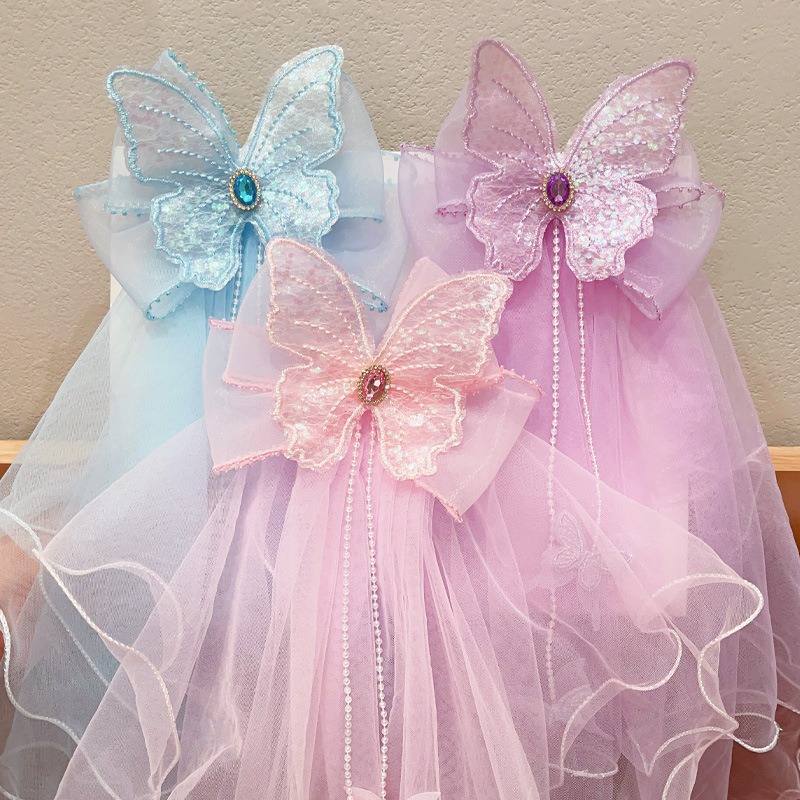 Children's Veil Bow Yarn Yarn Hairpin Girls Princess Dress Little Girls Super Fairy Back Of Head Streamer Hair Clip Hair Accessories details Picture