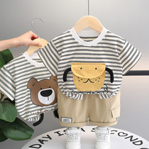 Baby cartoon T-shirt short sleeve thin 2024 summer children's summer style boy letter top female stripes