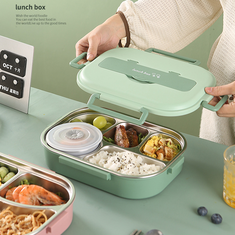304 Stainless Steel Insulated Lunch Box Rectangular Sealed Divider Bento Box Portable Student Fresh-Keeping Box Light Food Box details Picture