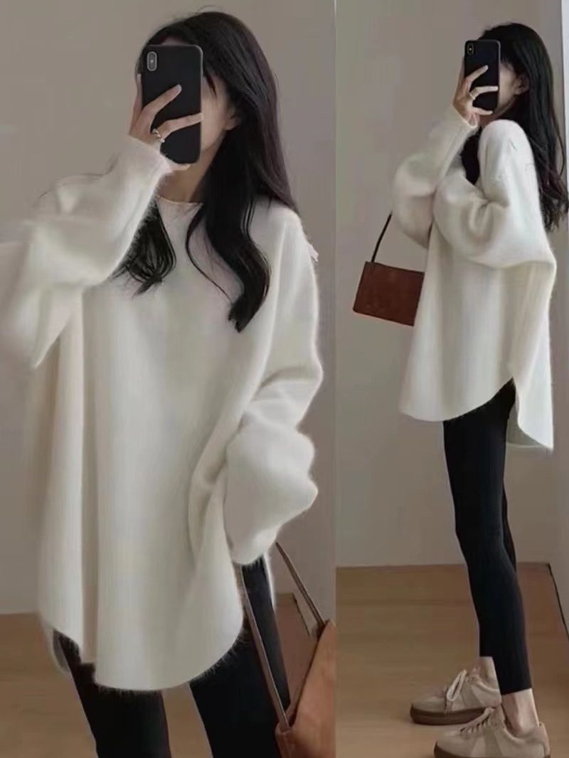 Solid-color pullover knitted sweater for women's autumn and winter 2023 new style, thickened design, niche, loose and laid-back style for outerwear details Picture