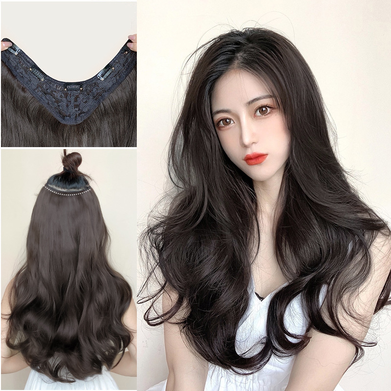 Wig piece Female long hair one-piece seamless long curly hair wig patch Fluffy big wave V-shaped hair extensions invisible full figure