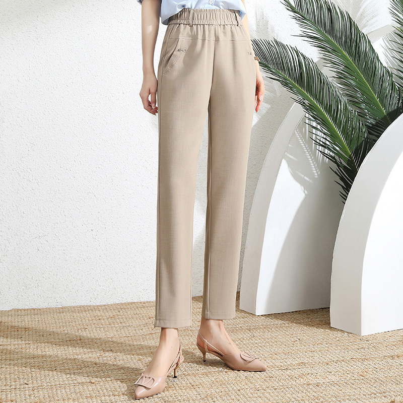 Pantalones de media edad de las mujeres moda casual pantalones de cáñamo y algodón de alta calidad cintura elástica para mujeres verano mamá pantalones de primavera y otoño