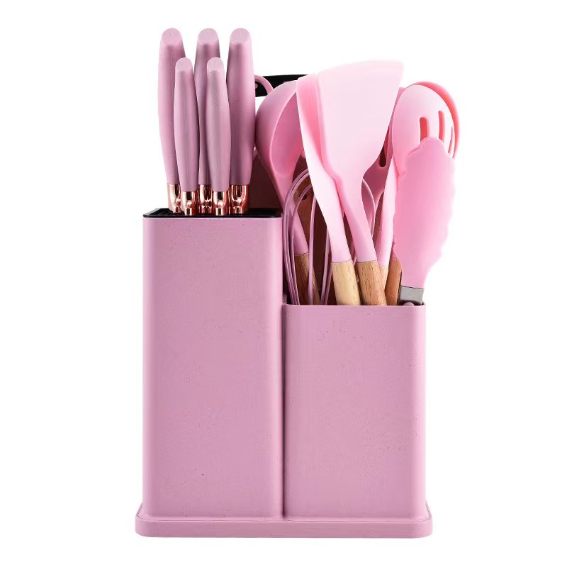 Cross-Border Straw Color Set Silicone Kitchenware Set 19-Piece Knife Set Storage Bucket Kitchen Knife Set Item Picture