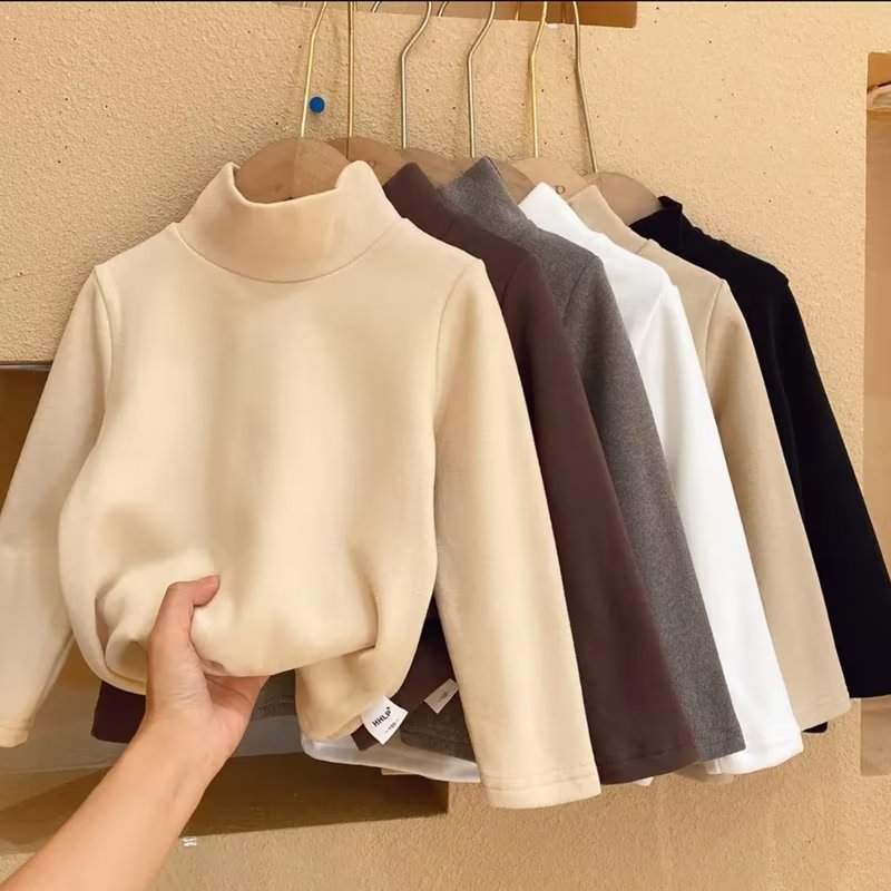 Semi-high-neck children's top, double-sided German fleece base layer shirt, warm long-sleeved T-shirt for children of all ages, boys and girls in autumn and winter details Picture