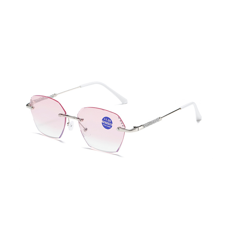 Frameless diamond-cut edge blue light reading glasses, flat light glasses, women's fashionable outfit, diamond-encrusted gradient purple plate reading glasses Application Scenario