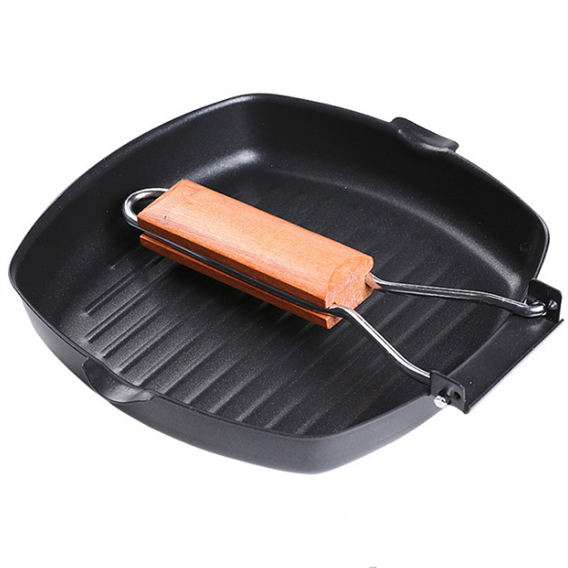 Steak frying pan, breakfast frying pan, folding wooden handle, flat, non-stick, gas induction cooker, customizable LOGO steak pan Specification image