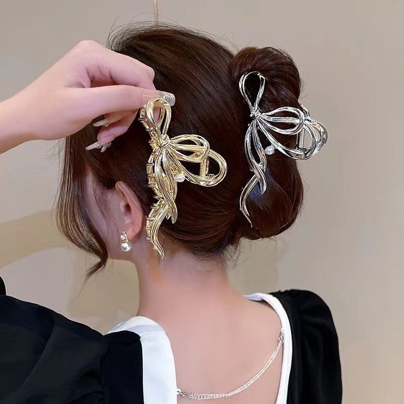 气质蝴蝶结金属抓夹女大号盘发鲨鱼夹冷淡风后脑勺发饰高级感发夹