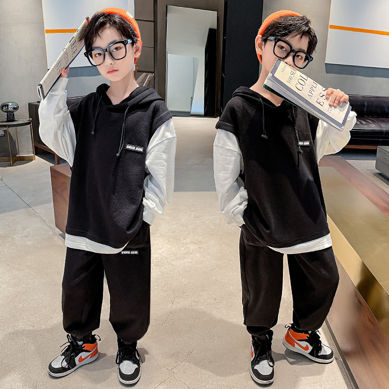 Children's clothing, boys' autumn waffle check set, big kids, boys' children's clothing, hoodie, spring and autumn new sporty two-piece set, trendy Application Scenario