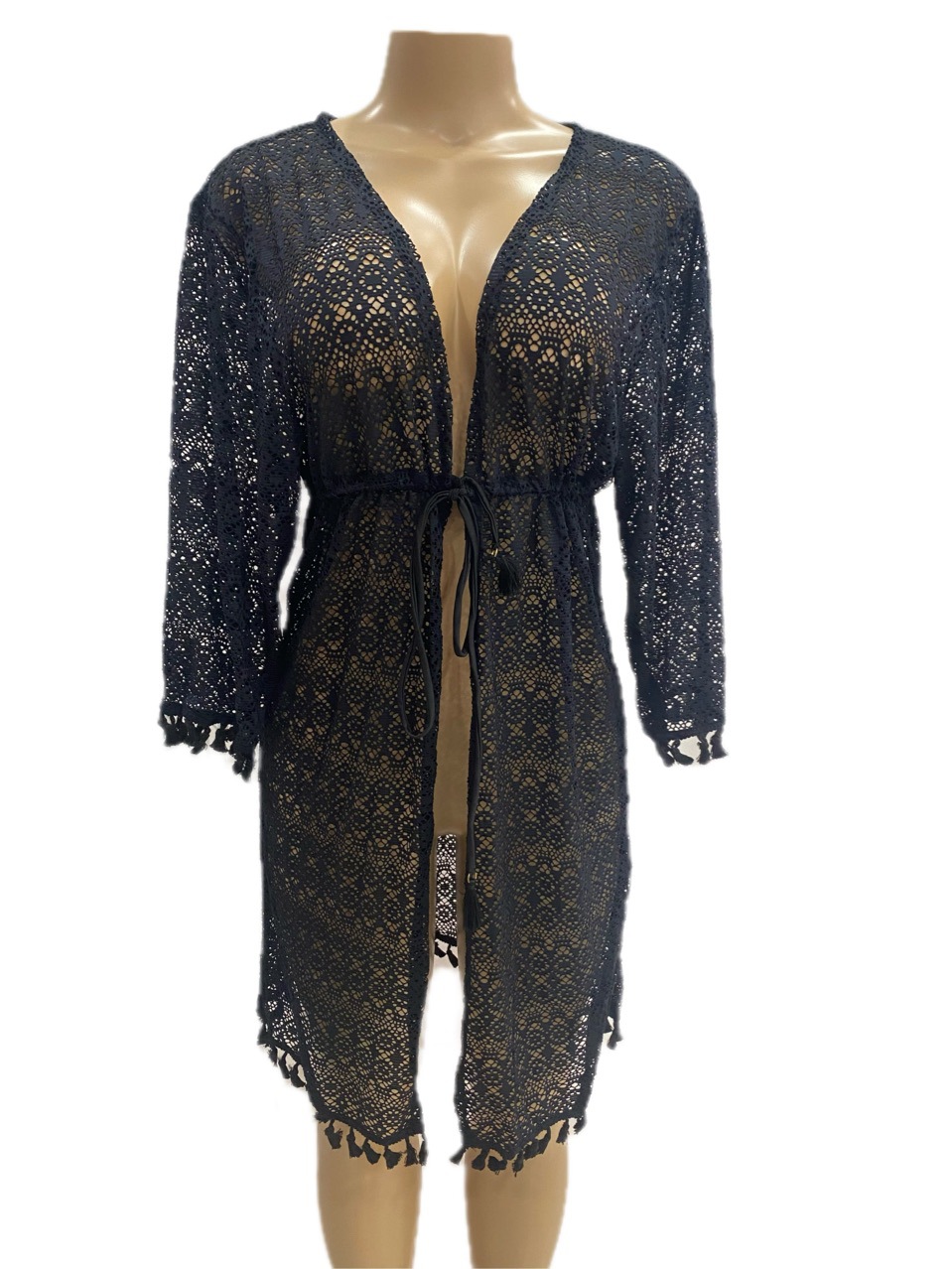 New Tassel Embroidery Lace Mesh Cardigan Black Shawl Sunblock Breathable Beach Cover-Up With Swimsuit