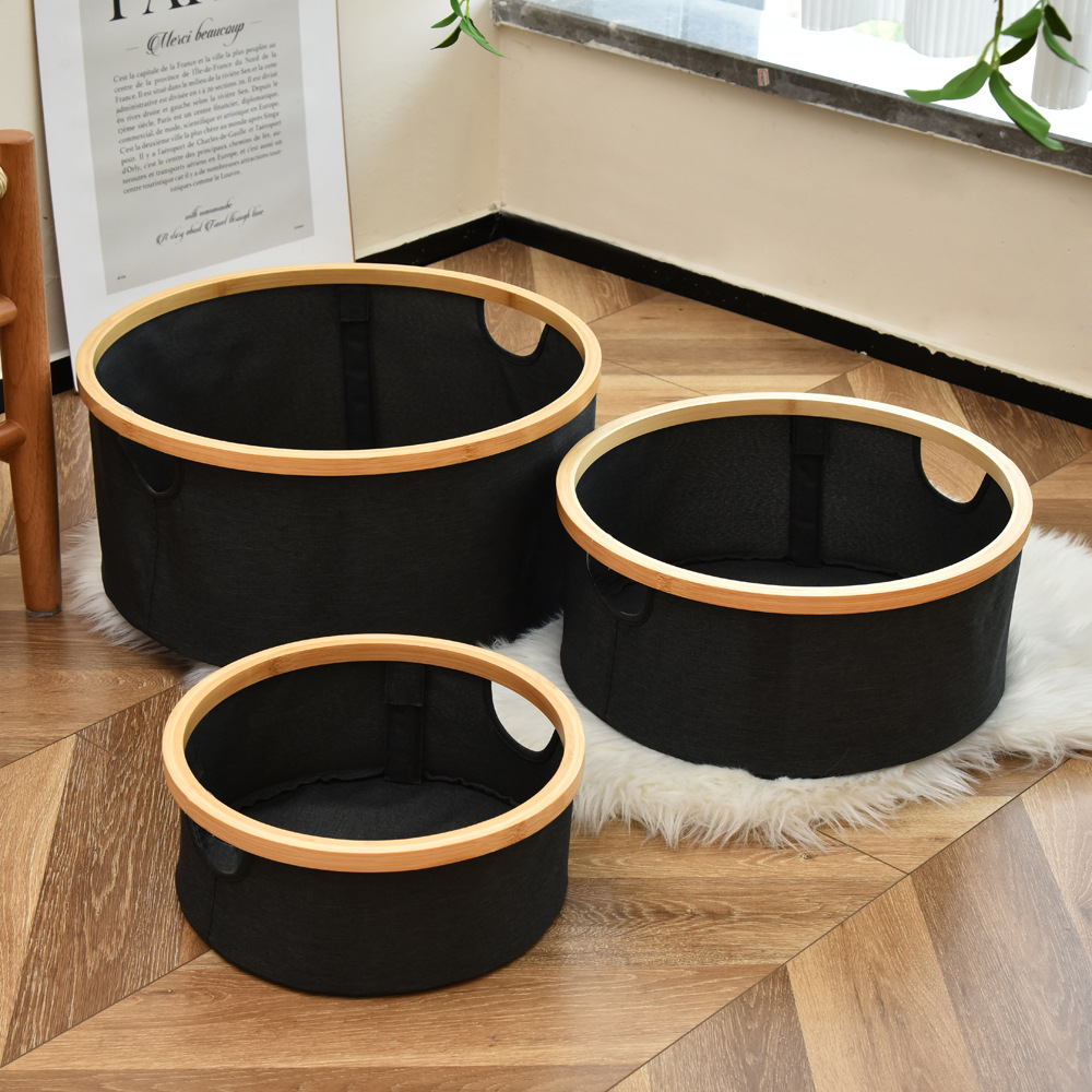 Bamboo and fabric home round dirty clothes basket, miscellaneous storage basket, popular simple and foldable bedroom storage basket